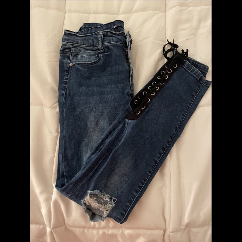 Tractr blu dark denim skinny jeans eyelet detail size 26